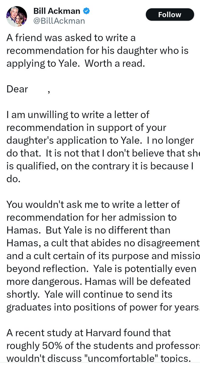 "I won't write a letter of support to Yale..." 

Two paragraphs later "...according to a Harvard study..."

These people🤡