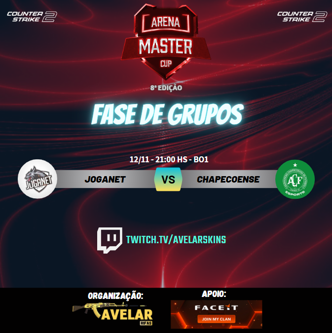 Julioavelarr27's tweet photo. 📢 DIA DE 8ª ARENA MASTER CUP DE CS 2.

Hoje teremos um duelo de abertura desta edição entre:

🔥 JOGANET ⚔️ CHAPECOENSE E-SPORTS 
 
⏰ | 21:00 ✅ - BO1

TRANSMISSÃO:

🎙️ | @Julioavelarr27

📺 | https://t.co/AMQ9bxvBTq

Goooo! @Chapeesports @Coxafps  @FACEITBrasil @FACEITcs https://t.co/bIGQ0EKJRD