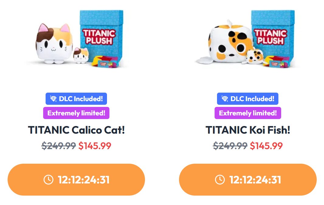 PetSimNew's tweet photo. New Titanic plushes! 

Image Credits: @PetSimNews69 https://t.co/ERtcWF4YI6