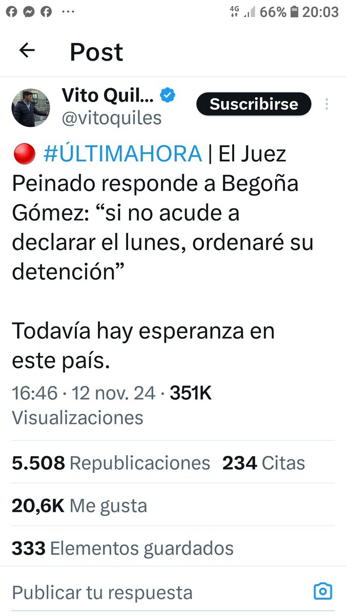 Vamos a ver Vito 
Pon noticias actuales y no confundas a la gente 
Está publicación con la orden de detención de Begoña Gómez, lo dijo el juez Peinado, si no comparecía en el juzgado el día 15 de Julio,  en la declaración de Barrabes 
Dejemos los BULOS