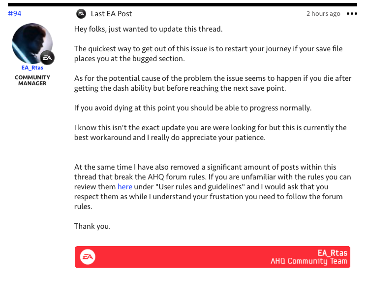 joepollardmagic's tweet photo. @EAStarWars @EAStarWars
@EA
So after 2 months of waiting for a response or fix, THIS is what we get told! Just RESTART THE GAME and abandon hours upon hours of progress! Honestly this is beyond vile and I will never buy another EA product again! #boycottEA https://t.co/BdTv67vyCt