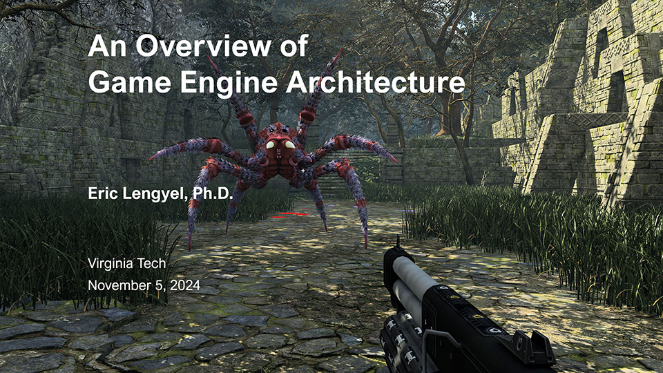 And here are the slides from my game engine architecture talk at Virginia Tech last week. These are mostly an outline of the topics I discussed while showing a bunch of real-time demos, so they don't contain much of the content of the talk, unfortunately.
terathon.com/vtgame_lengyel…