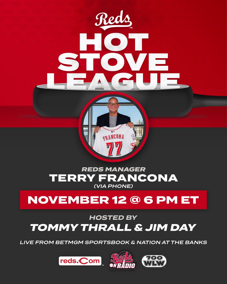 Terry Francona makes his Reds Hot Stove debut‼️

📍 6 PM ET at BetMGM Sportsbook/Nation Kitchen &amp; Bar at The Banks
📻 700WLW, Reds Radio Network stations &amp; reds.com/hotstove