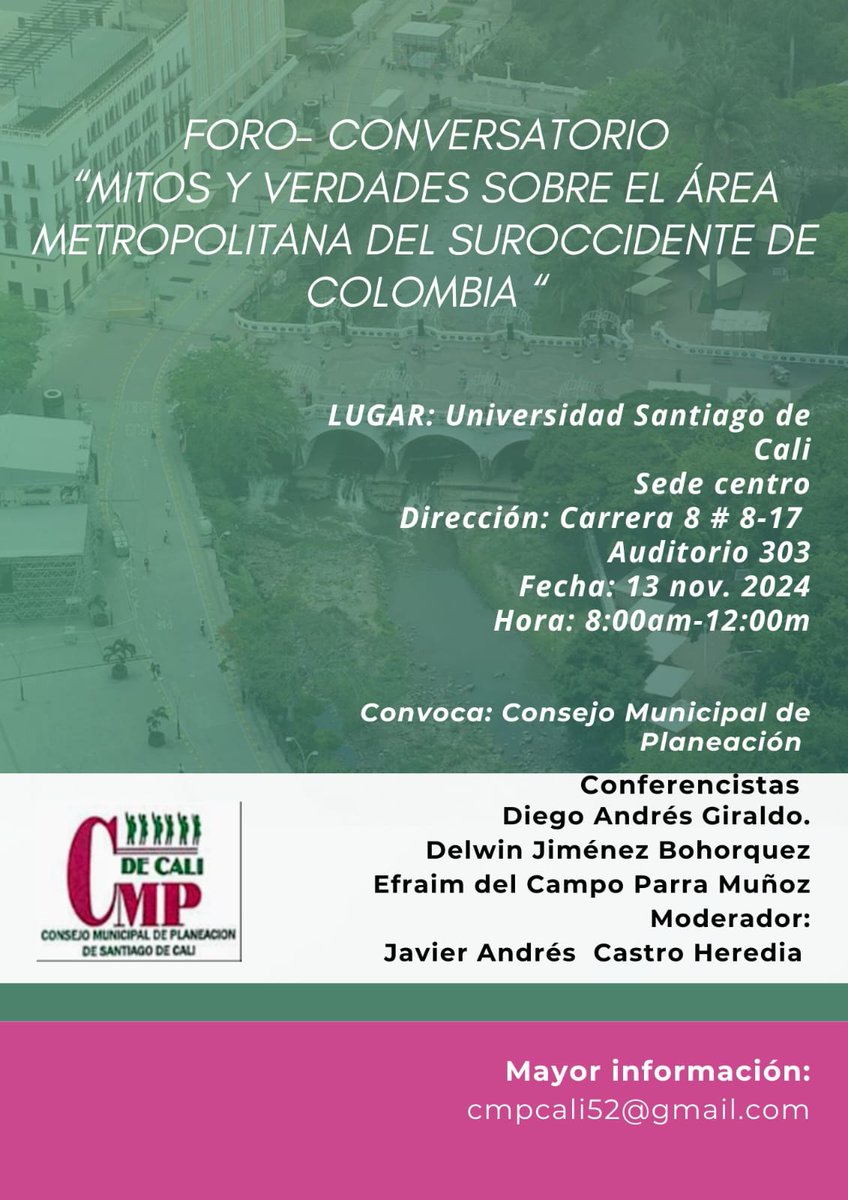 ¡Ojo pelado!

Más sobre la iniciativa de conformación del Área Metropolitana del Sur Occidente de Colombia (#AMSO) y sobre los "Mitos y verdades" en derredor de este Esquema de Asociatividad Territorial (Ley 1625 de 2013).

Inscribanse👇🏾

forms.gle/LairpQQWvykA67…