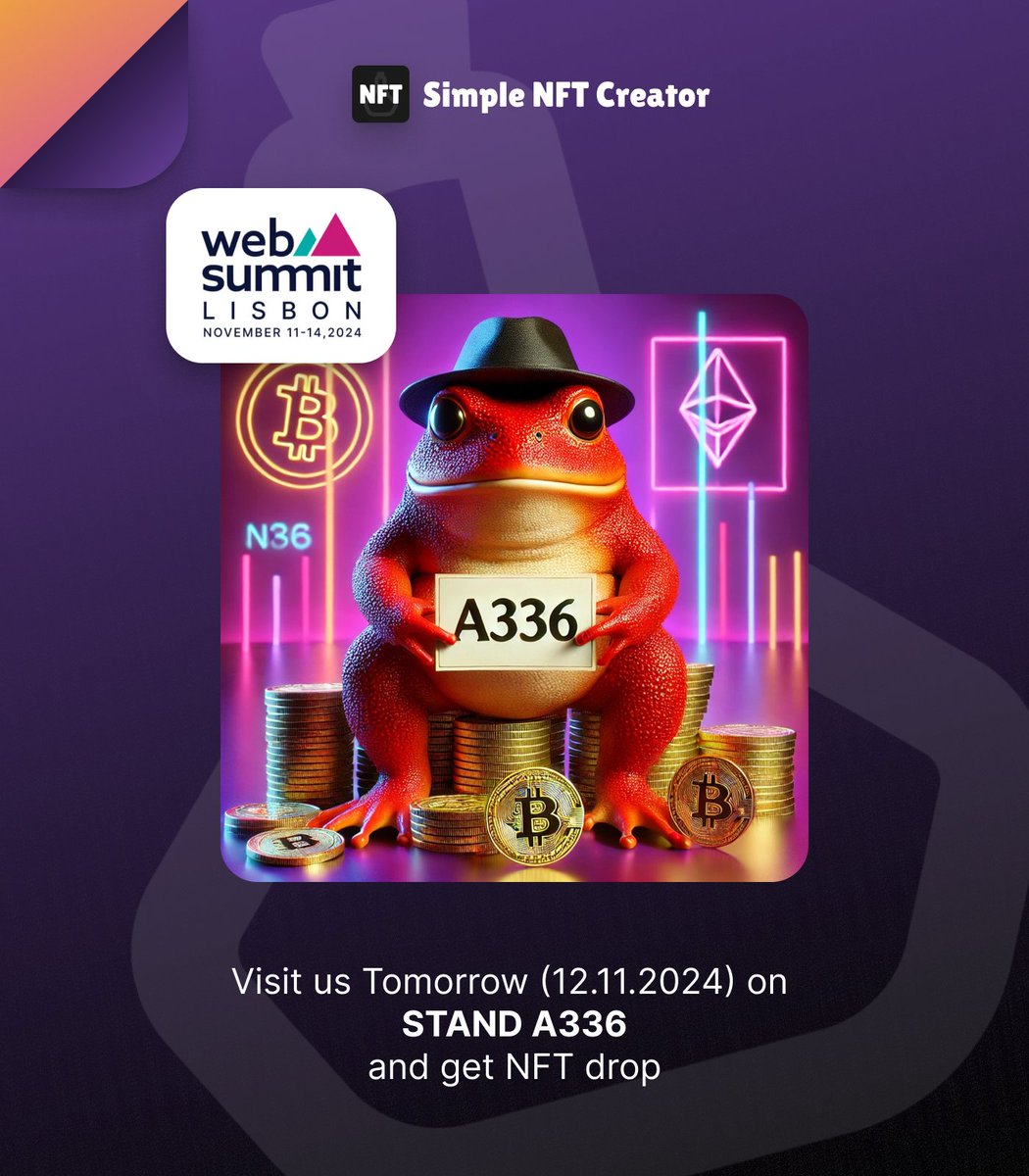 s_nft_creator's tweet photo. Tomorrow (12.11.2024), the #NFTCommunity meets at #WebSummit Lisbon! 🎉 Visit us at Stand A336 for a chance to grab another exclusive NFT from our collection. Don’t miss out—these limited-edition collectibles won’t last! 🚀🐸 #SimpleNFTCreator #Web3 https://t.co/KaYfpmcsxi