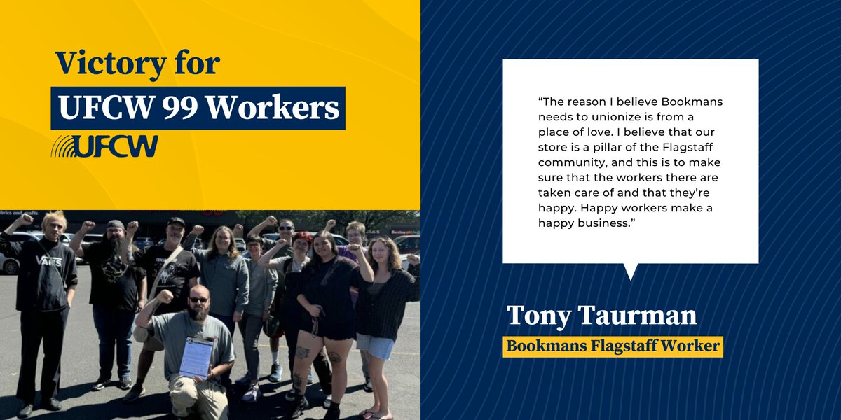 Workers at Bookmans Flagstaff Entertainment Exchange in Flagstaff, AZ, have officially joined <a href="/UFCW99/">UFCW Local 99</a>!

Workers' decision to unionize was voluntarily recognized by management after 100% of the staff authorized union representation.

Let’s get to work!

➡️ bit.ly/3Z8yy8h