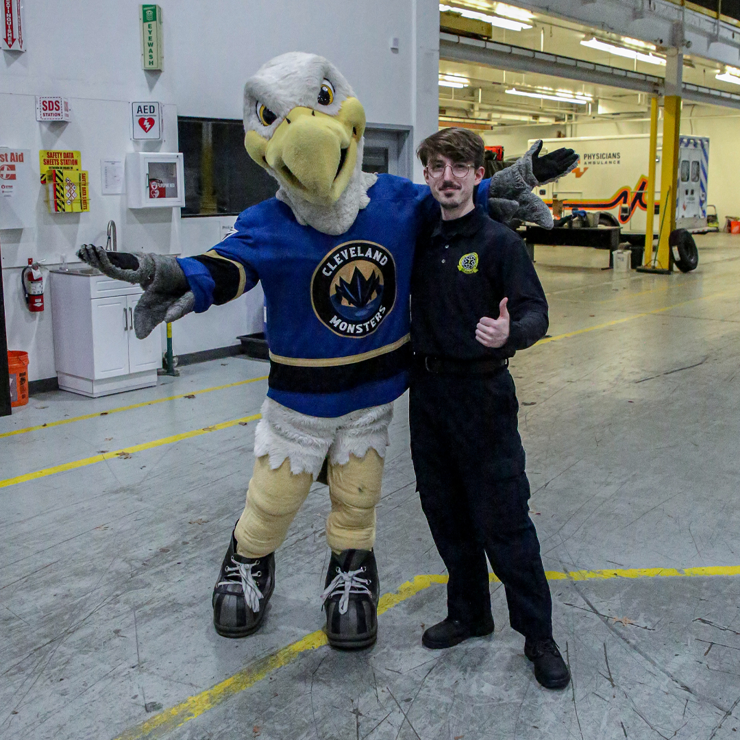 this afternoon <a href="/monsterssully/">Sullivan C. Goal</a> joined the folks at <a href="/PhysiciansAmb/">Physicians Ambulance</a> for lunch ahead of tomorrow's First Responders Night!! 🚑

grab your tickets for tomorrow here: clevelandmonsters.com/promotions