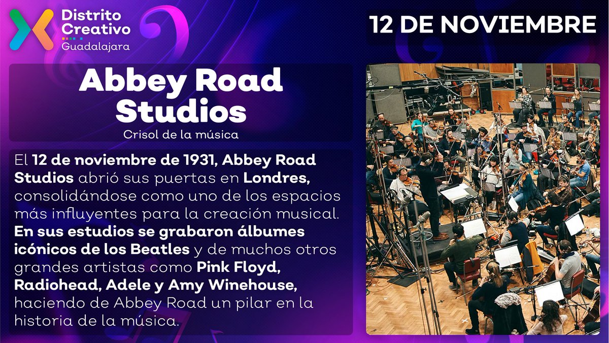 DistCreativo's tweet photo. 🎶✨ Hoy hace 93 años, Abbey Road Studios abrió sus puertas en Londres, convirtiéndose en un crisol para la música de grandes como los Beatles, Pink Floyd y Adele. Un espacio que sigue resonando en la historia musical. #Efeméride #AbbeyRoad https://t.co/qRP6xUQRZ5
