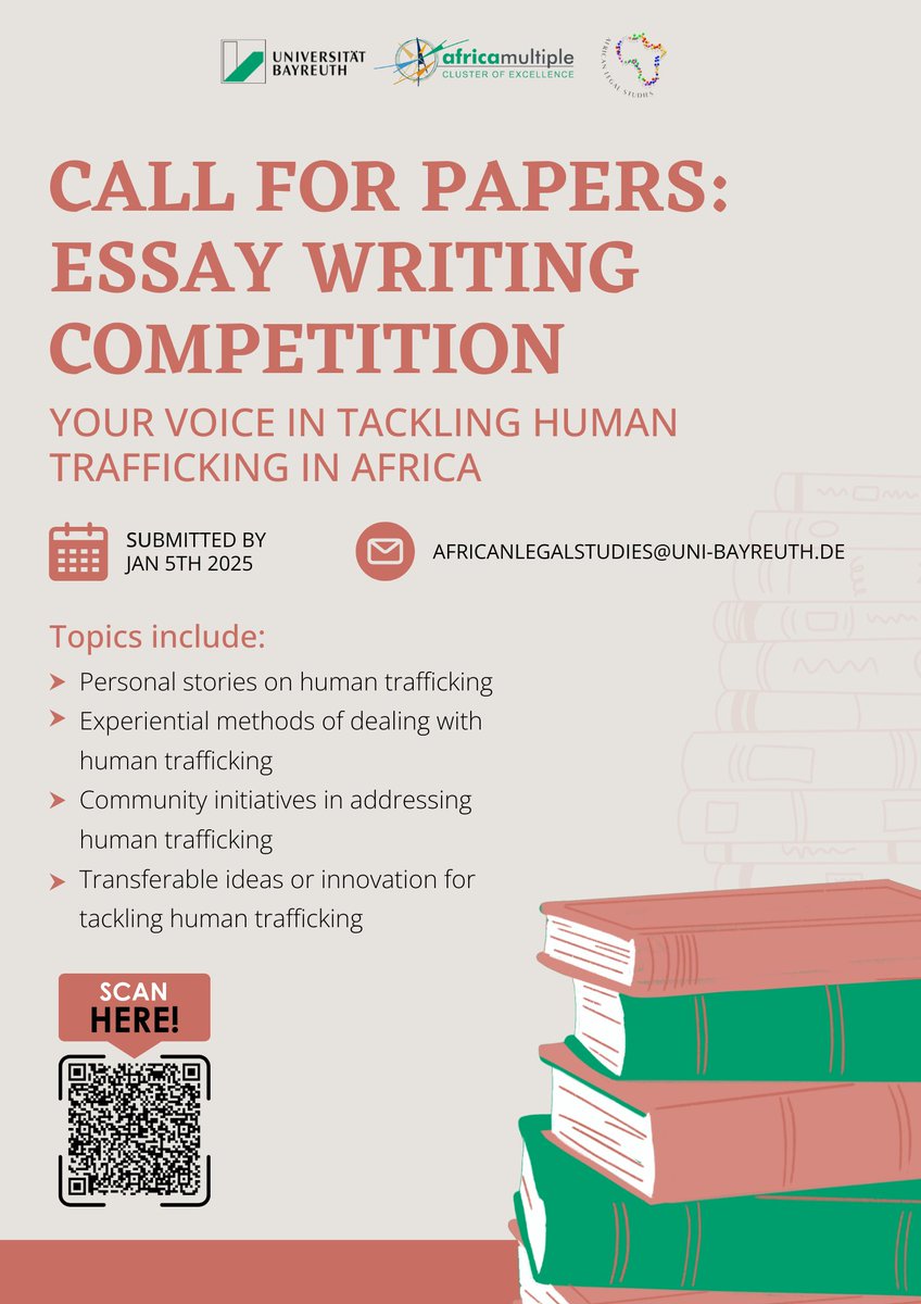 AfrLegalStudies's tweet photo. The Chair of African Legal Studies, with support from the @ClusterAfrica ,  is pleased to announce the Essay Writing Competition on the topic “Your Voice in  Tackling Human Trafficking in Africa”. 
https://t.co/nJjnU3Y3Mn https://t.co/u9HJ1vvlwF
