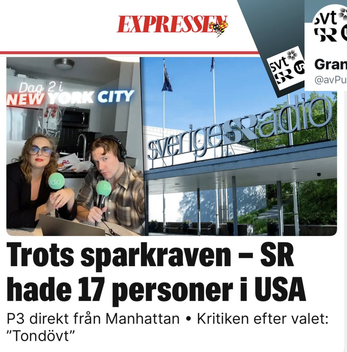 avPublicService's tweet photo. Och trots 17 personer som bevakade USA-valet på plats, med gratisluncher och skattefinansierade hotellnätter, lyckades @SverigesRadio ändå inte förklara för svenskarna varför amerikanerna valde Donald Trump som president.

@SverigesRadio #journalistik Trots sparkraven – SR hade 17 medarbetare i USA https://t.co/5wpvw4iT2w