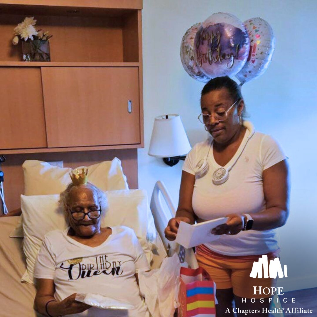 Chapters_Health's tweet photo. We had a celebration for a patient’s 93rd birthday at Hope Hospice Lehigh Acres, a Chapters Health affiliate! With cake, a crown, and a visit from her granddaughter, she was truly treated like a queen. Huge thanks to our volunteer Steve Bennett for singing her happy birthday! https://t.co/yG1RqDyVIn