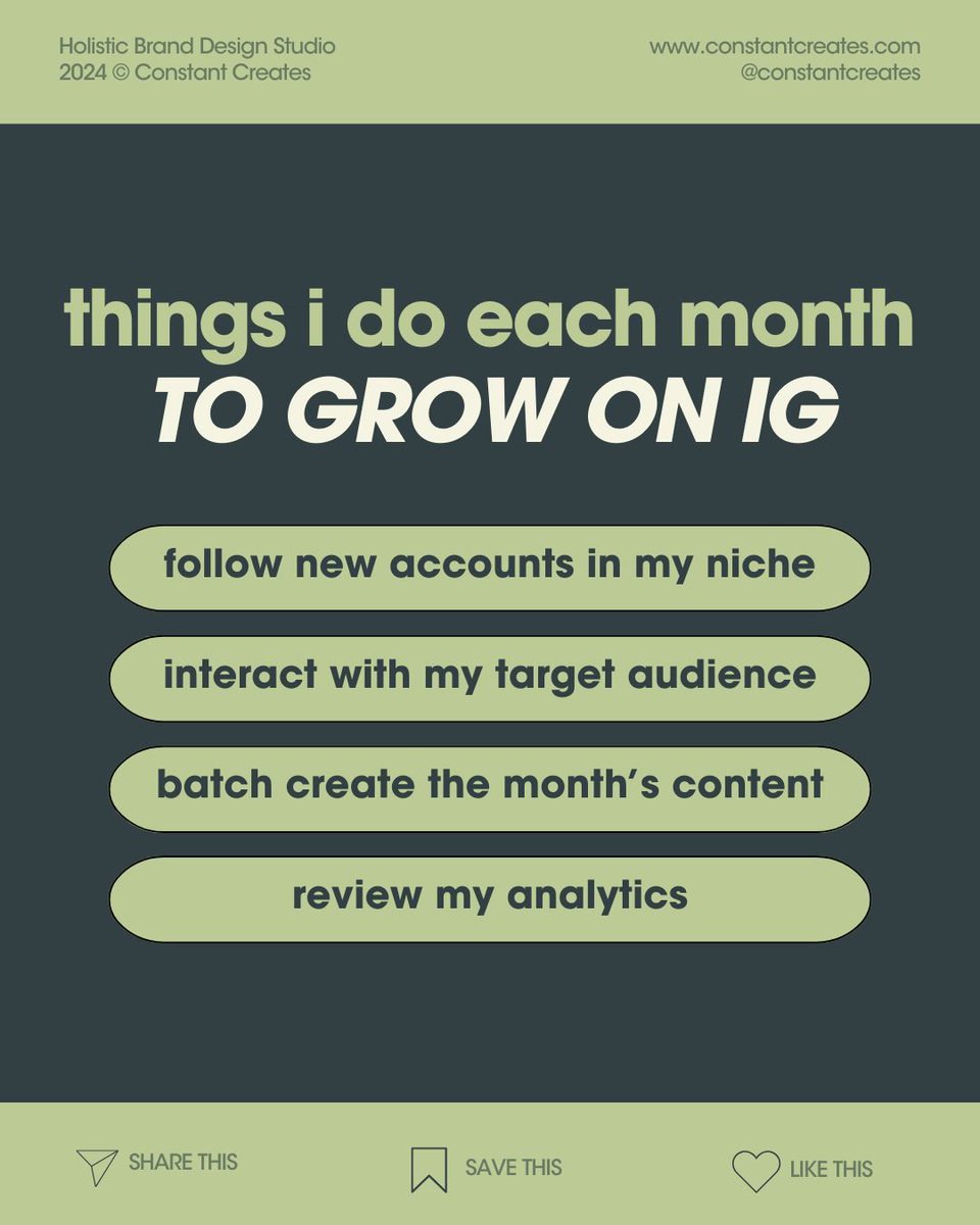constantcreates's tweet photo. Want to know how I keep my Instagram growth steady month after month? Here’s my simple but effective monthly checklist for growing and connecting with my audience.

Staying consistent on Instagram isn’t just about posting pretty pictures—it’s about having a strategy that works. Each month, I follow a few key steps to make sure I’m reaching new people, staying connected with my ideal audience, and improving my content. Here’s a peek into what I do:

1️⃣ Follow New Accounts in My Niche: Staying connected with others in my industry keeps me inspired, in-the-know, and growing my network. Each follow is an opportunity to build a connection and expand my reach within my community.

2️⃣ Interact with My Target Audience: Engaging is everything! I comment, respond to stories, and make genuine connections with my ideal clients and followers. Showing up in their notifications builds familiarity and trust.

3️⃣ Batch Create the Month’s Content: Consistency is key. I dedicate time to batch-create content for the month so I’m always prepared, even when things get busy. Planning ahead means no more scrambling to find something to post, which keeps my message cohesive and impactful.

4️⃣ Review My Analytics: Growth isn’t just about guessing—it’s about knowing what works. I check my analytics to see which posts perform best, which content resonates most, and how I can improve. Data-driven decisions keep me moving forward.

If you’re looking to grow on Instagram, these steps are a solid foundation to help you build engagement, increase visibility, and connect meaningfully with your audience.

Too busy to handle it all? Let me take the reins! Reach out if you’d like a strategy tailored to your brand, so you can grow without the overwhelm. Let’s elevate your social presence together!
