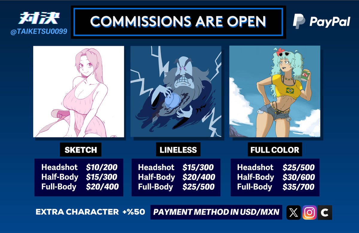 COMMISSIONS ARE OPEN WITH NEW PRICES ✨💸
DM if you are interested ✉️
Likes ❤️&amp; RTs 🔁 are also apprecciated.