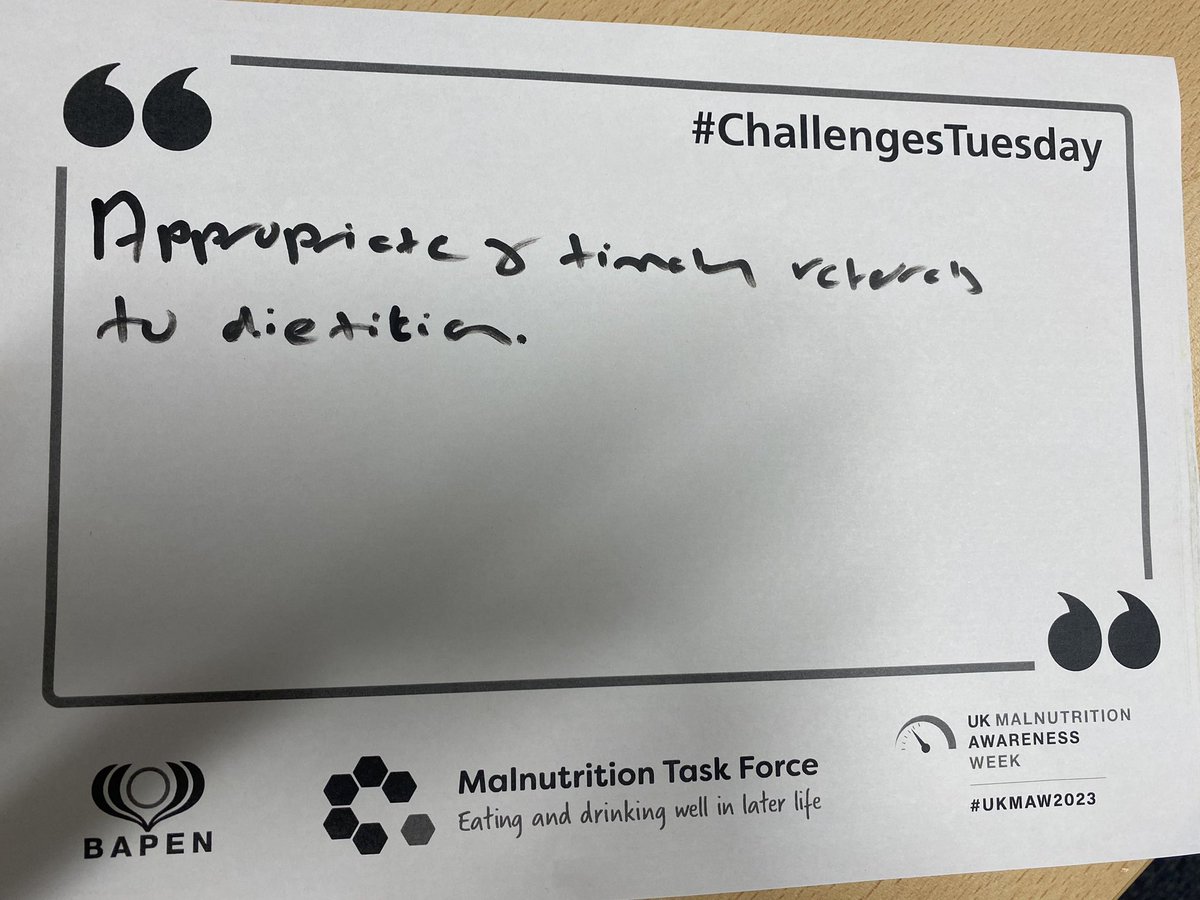 JoyBallanceRD's tweet image. #ChallengesTuesday #UKMAW2024 @BAPENUK getting our OT and nursing colleagues in on the action and hearing their thoughts on the challenges and solutions when addressing Malnutrition @Weeroisotoole @MNpathway