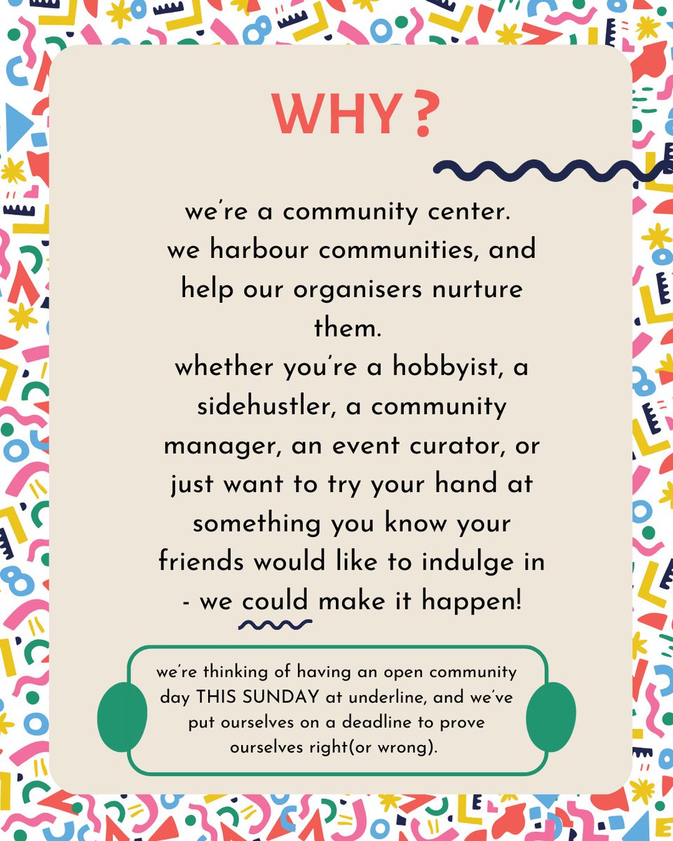 Are you building a community in Bangalore? Then we have a free space to host you and your peeps! 
This Sunday, the Underline center can be a home to your niche communities, hobby groups &amp; underground clubs. 
So DM us by Thursday the 15th, and try out our cosy community center!