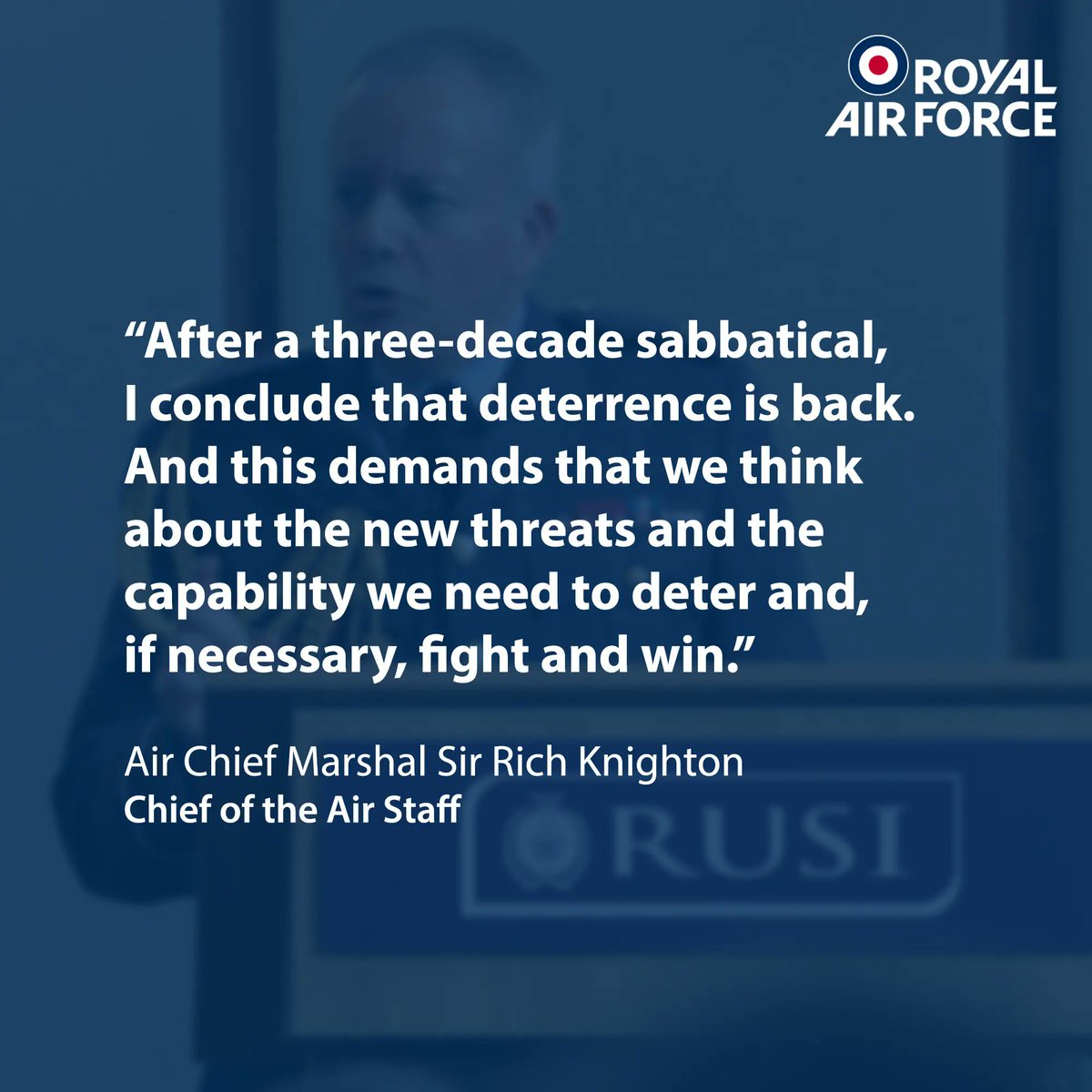 Speaking at the RUSI Lord Trenchard lecture yesterday, <a href="/ChiefofAirStaff/">ACM Harv Smyth</a> emphasised the increased need for the RAF to evolve, building a strong force that our foes fear and allies value.

Read his full speech 🔗 raf.mod.uk/news/articles/…

📸 - <a href="/RUSI_org/">RUSI</a>