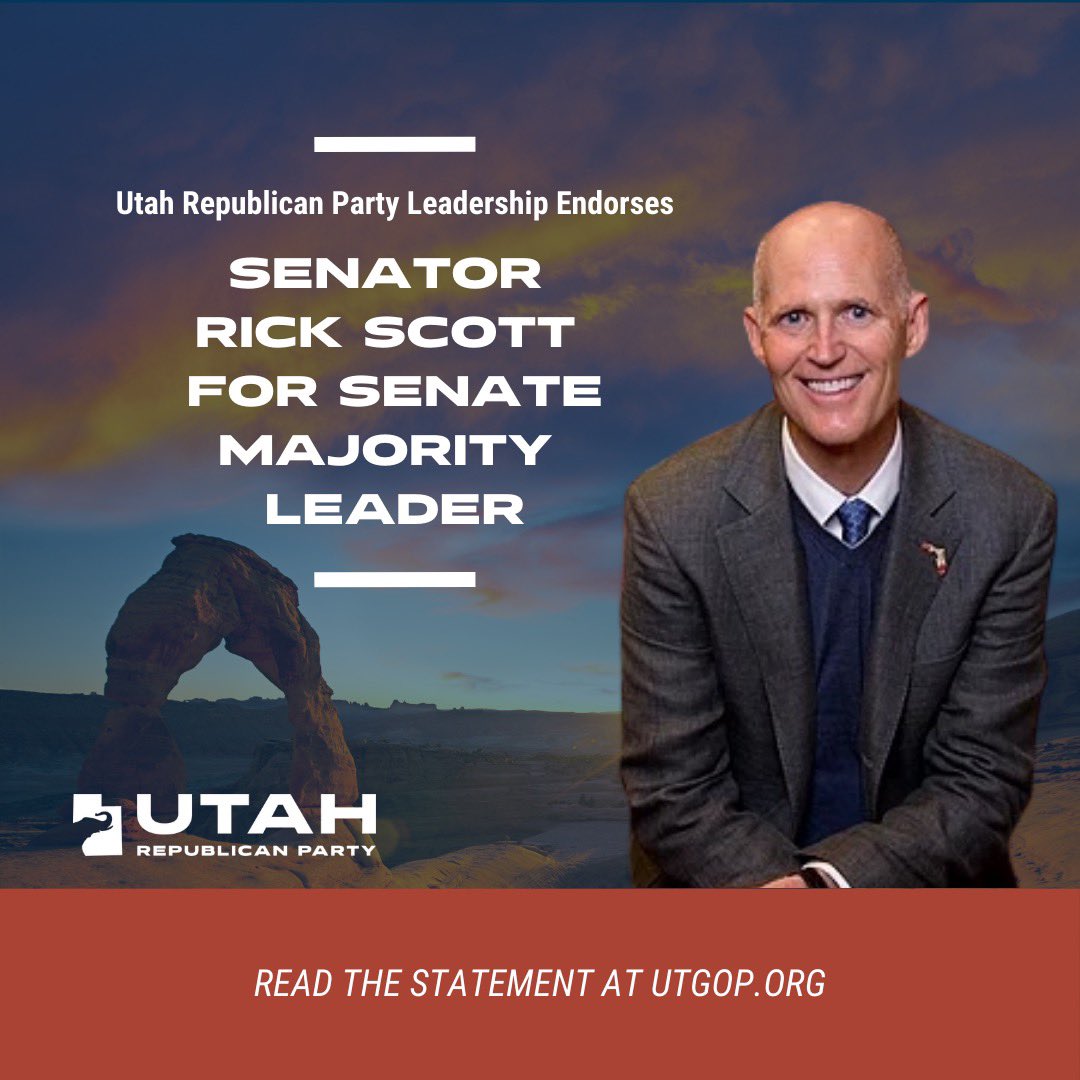 UtahGOP's tweet image. PRESS RELEASE: Utah Republican Party Chair @RobertAxson, National Committeeman @bradforhouse and National Committeewoman @kimfcoleman endorse Senator Rick Scott for #Senate_Majority_Leader.
Statement here: utgop.org/utgop_leadersh…