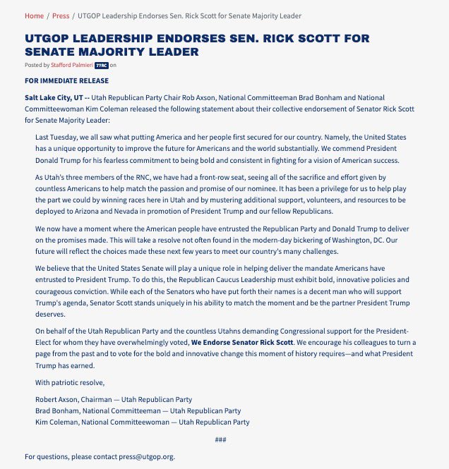 UtahGOP's tweet image. PRESS RELEASE: Utah Republican Party Chair @RobertAxson, National Committeeman @bradforhouse and National Committeewoman @kimfcoleman endorse Senator Rick Scott for #Senate_Majority_Leader.
Statement here: utgop.org/utgop_leadersh…