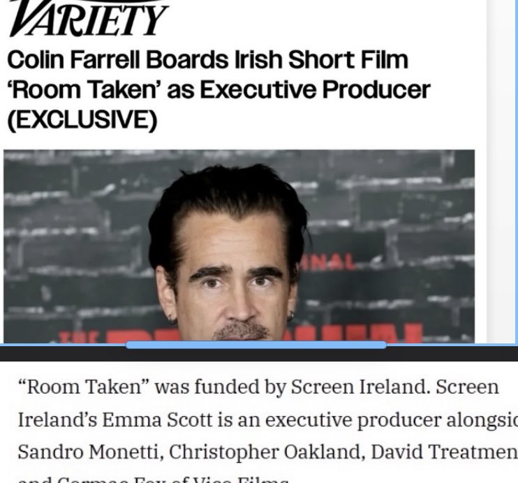 So excited to announce that joining me among the executive producers of Oscar contending short film Room Taken is screen icon Colin Farrell. This beautiful and heartfelt film, which Variety tipped for a nomination, screens for Oscar voters in LA this week and New York next week.