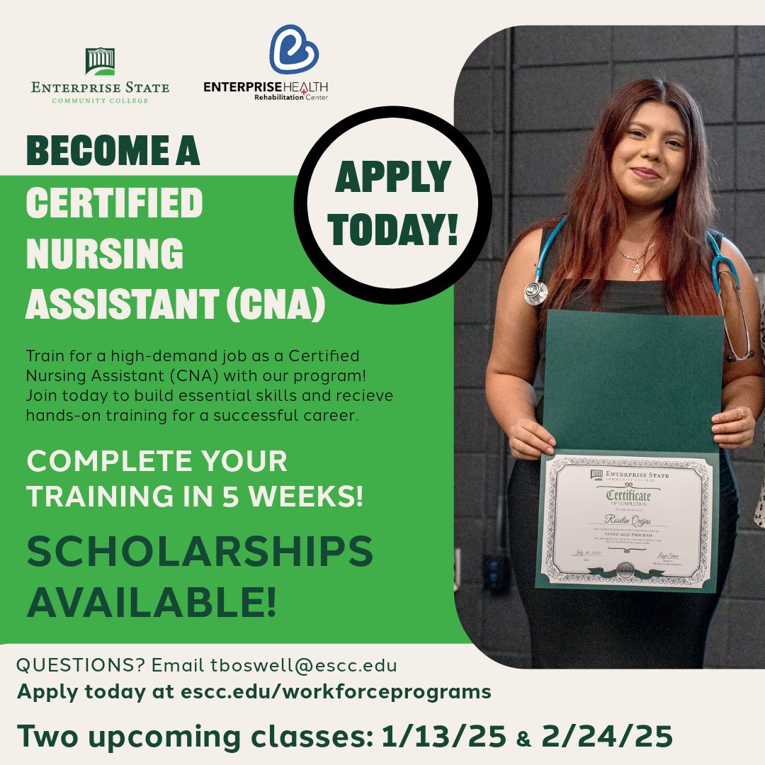 Enterprise State (@enterprisestate) on Twitter photo Have you signed up for our 5-week CNA program? Apply today at escc.edu/workforceprorg…! The deadline to apply for our January class is December 15. Questions? Email tboswell@escc.edu. Have you signed up for our 5-week CNA program? Apply today at escc.edu/workforceprorg…! The deadline to apply for our January class is December 15. Questions? Email tboswell@escc.edu.