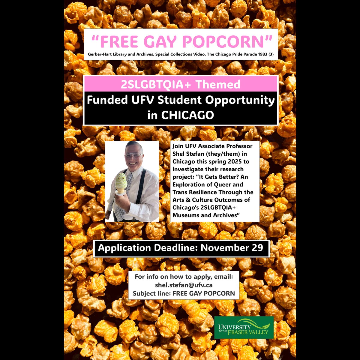 Check out this great student opportunity!

Join Associate Professor Shel Stefan (they/them) in Chicago this spring for their project: “It Gets Better? An Exploration of Queer and Trans Resilience Through the Arts &amp; Culture Outcomes of Chicago’s 2SLGBTQIA+ Museums and Archives”