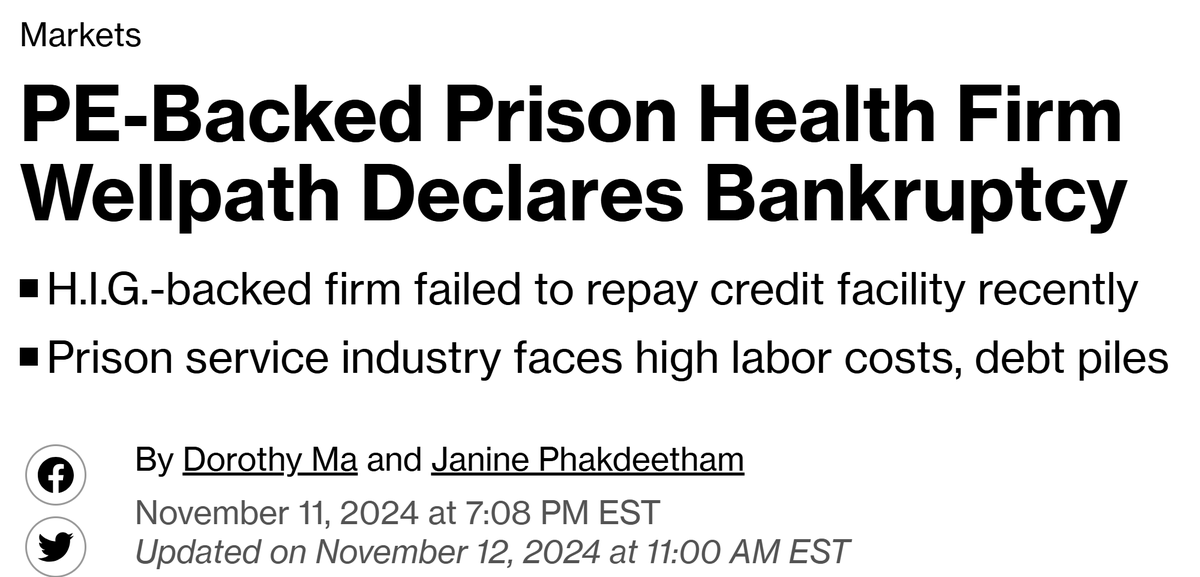 WorthRises's tweet image. BREAKING: Prison healthcare Wellpath has declared bankruptcy, defaulting on $644Mn in debt. Among its operational issues, Wellpath has over 1,500 pending lawsuits (vast majority related to quality of care), millions due in settlements, and increasing liability insurance expenses.