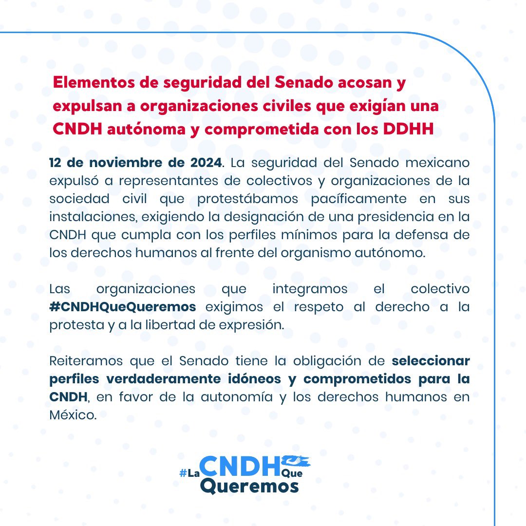 ELEMENTADDHH's tweet image. 🚨Condenamos el acoso y la expulsión de integrantes del colectivo #LaCNDHQueQueremos de las instalaciones del @senadomexicano

Las autoridades deben respetar el derecho a la protesta. La exigencia de autonomía e idoneidad en la designación de la titular de la @CNDH es legítima.