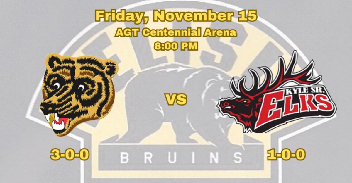 Bruins next game is this Friday, November 15th when the <a href="/KyleElks/">KyleElksHockey</a> come to <a href="/DelisleArena/">Delisle Arena</a>. Puck drop is at 8:00 p.m.