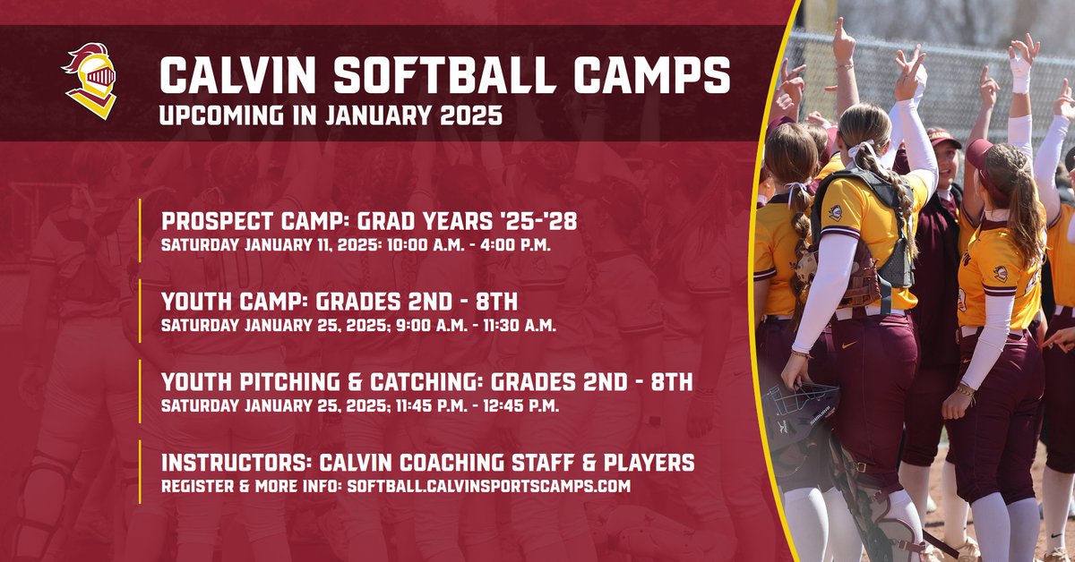 Registration for our Winter Camps are OPEN! January 11 is our Winter Prospect Camp &amp; Saturday January 25 is our Winter Youth Clinic. Work side-by-side with Calvin players &amp; Coaches. More details &amp; registration at: softball.calvinsportscamps.com 🥎