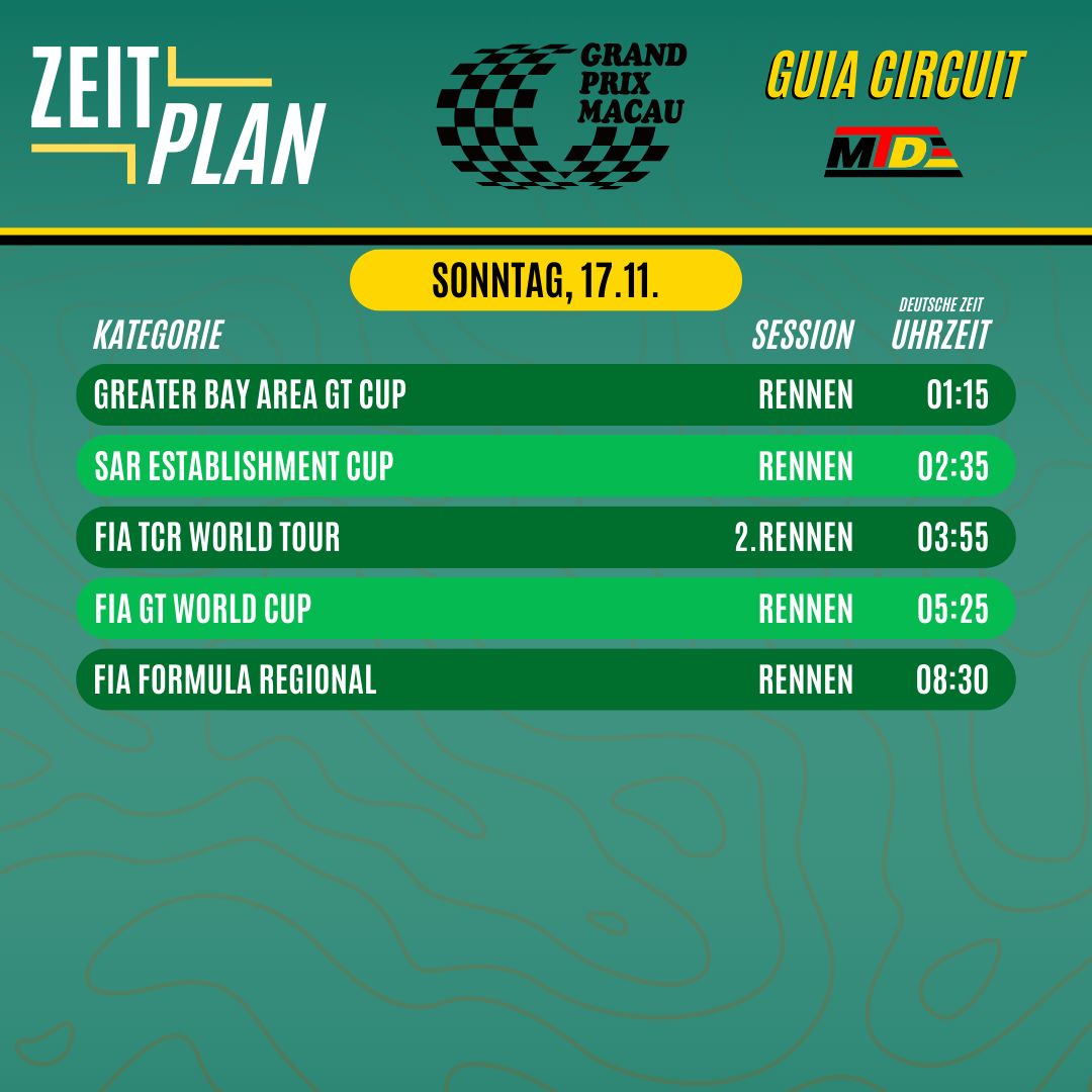 Das größte Rennwochenende bei MTD steht an 🤩🇲🇴 
Von Donnerstag bis Sonntag gibt es über 25 Stunden Motorsport bei uns zu sehen 🏁

Alle Sessions Live auf unserem YouTube Account, von Donnerstag-Sonntag (Link in Bio)

#MacauGP #71thmacaugrandprix #MotorsportTelevisionDE