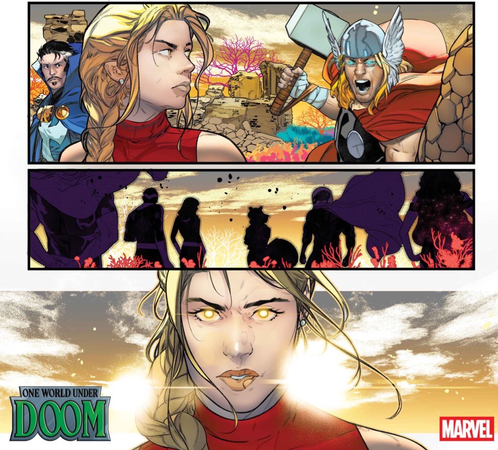 CaptMarvelNews's tweet photo. 🔥 The glowing yellow eyes! Captain Marvel already has her own panel in this ‘One World Under Doom’ preview page!  AAA https://t.co/OAYw1WPz5d