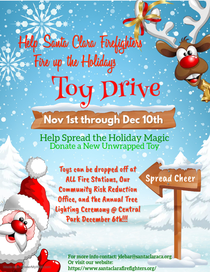 Santa Clara CA Fire (@santaclarafd) on Twitter photo Your SC Firefighters are ready to “Fire Up The Holidays” with our annual toy drive. Please consider donating a new/unwrapped gift for ages 7-17 to ALL fire stations, CRR Office @ 1675 Lincoln St or @ the Tree Lighting event @ Central Park. For info contact jdebar@santaclaraca.gov Your SC Firefighters are ready to “Fire Up The Holidays” with our annual toy drive. Please consider donating a new/unwrapped gift for ages 7-17 to ALL fire stations, CRR Office @ 1675 Lincoln St or @ the Tree Lighting event @ Central Park. For info contact jdebar@santaclaraca.gov