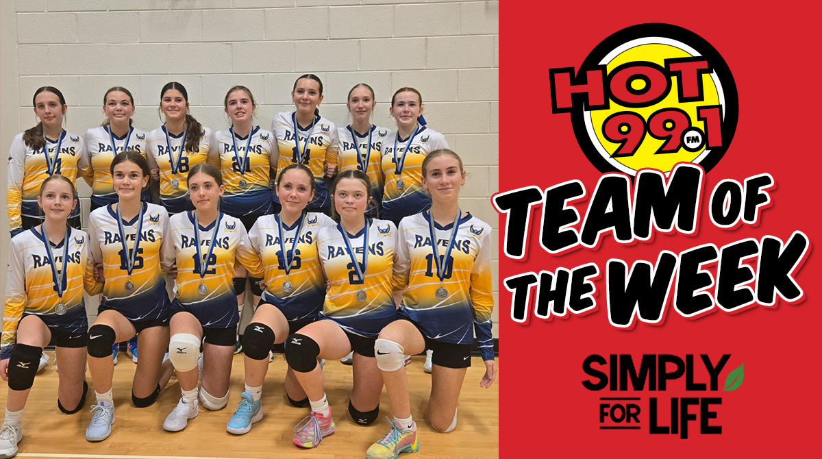 The Frank Roberts Junior High Ravens, Grade 8 girls volleyball. (Team A) are our  HOT Team of the Week! hot991.ca/contest/53081/… Weekly winners are entered to win free lunch  courtesy of Simply For Life #HOTTeamoftheWeek #Hot991fm