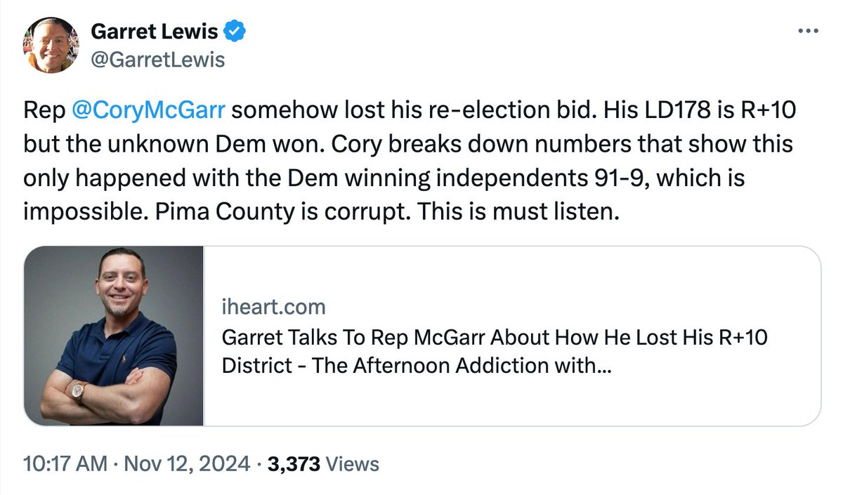fire_starter457's tweet photo. Calling Pima County "corrupt" because #LD17 voters gave the do-nothing extremist MAGA whiner @CoryMcGarr the boot is absolutely insulting to the Independent voters in #LD17 who are FED UP with him and profoundly stupid, @GarretLewis. Had LD17 voters been given another choice the equally ineffective MAGA conspiracy nutter @RJ4arizona woulda been gone too.