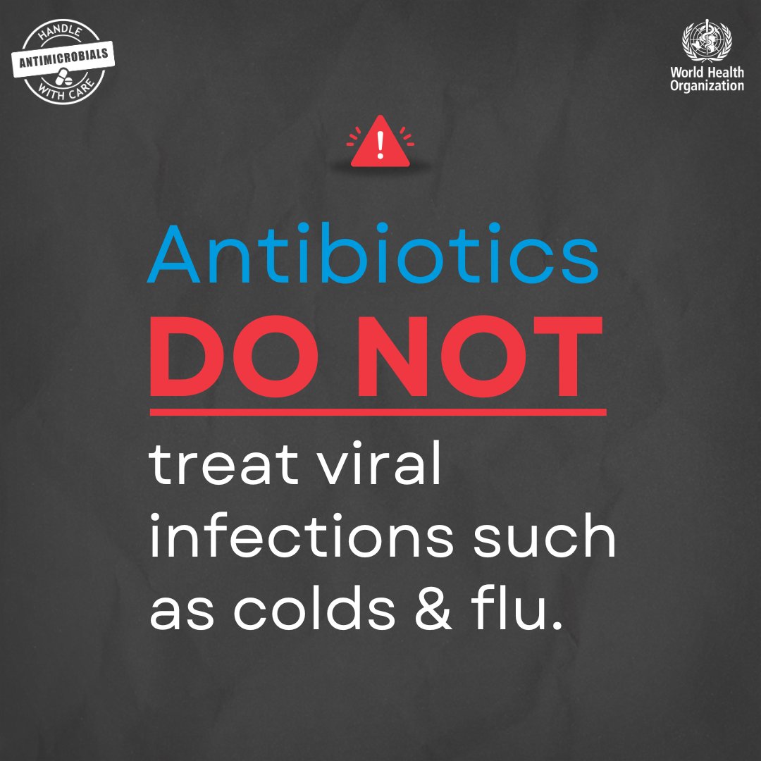 OMSRDCONGO's tweet image. #LeSavieVous? Les #antibiotiques ne traitent pas les infections virales comme le #rhume et la #grippe 🤧. 

Demandez toujours conseil à un professionnel de santé qualifié avant de prendre des antibiotiques.
