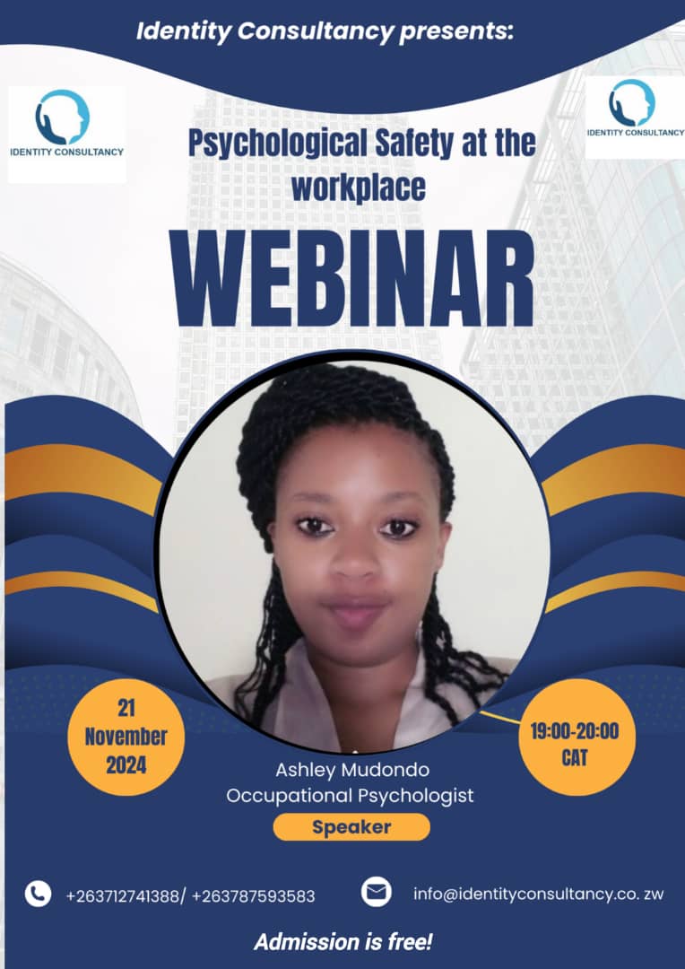 Join us on the 21st of November as we learn about Psychological Safety at the Workplace. What is it? Why is it important to have it? <a href="/IdentityConsul2/">Identity Consultancy</a> <a href="/Shumbakadzi11/">G A G A</a> <a href="/thandaza_golide/">MaTshuma❤️✨</a>