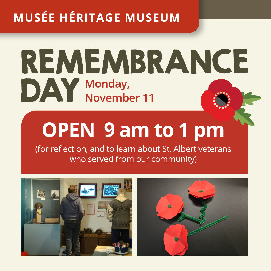Please visit the Musée Héritage Museum (in St. Albert Place) for Remembrance Day activities to reflect on and learn how some soldiers from our community have served over the years. Hot drinks will also be served so please come in and warm up! Free entry.
#remembranceday2024
