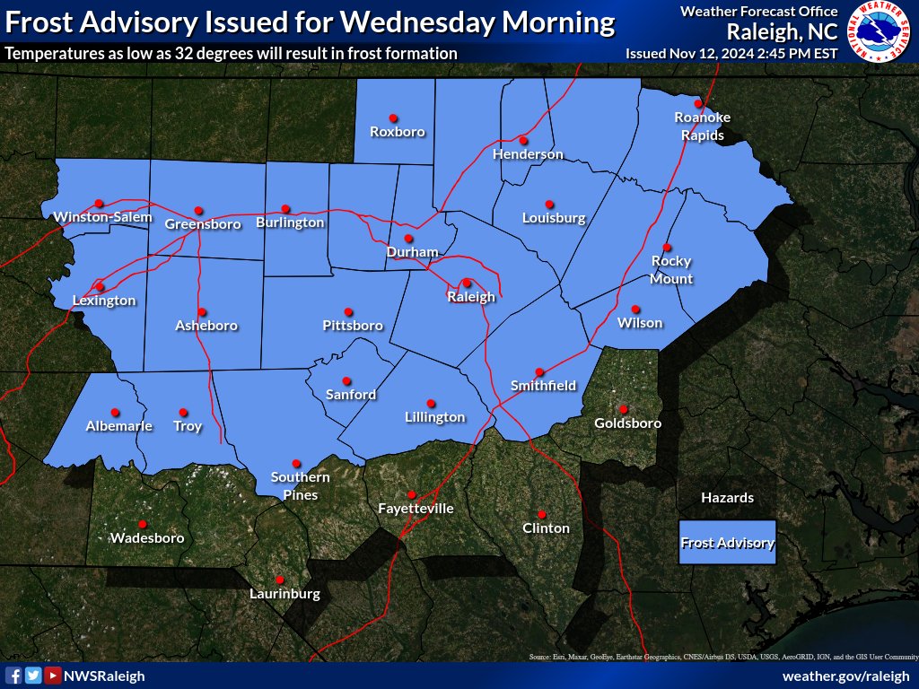 NWSRaleigh's tweet photo. ⚠️ Frost Advisory has been issued for tonight into Wednesday morning.

🥶 Temperatures as low as 32°F will result in areas of frost that could harm sensitive vegetation.

🌱 Take steps to protect tender plants from the cold. #NCwx https://t.co/Xz3AGHLnS1