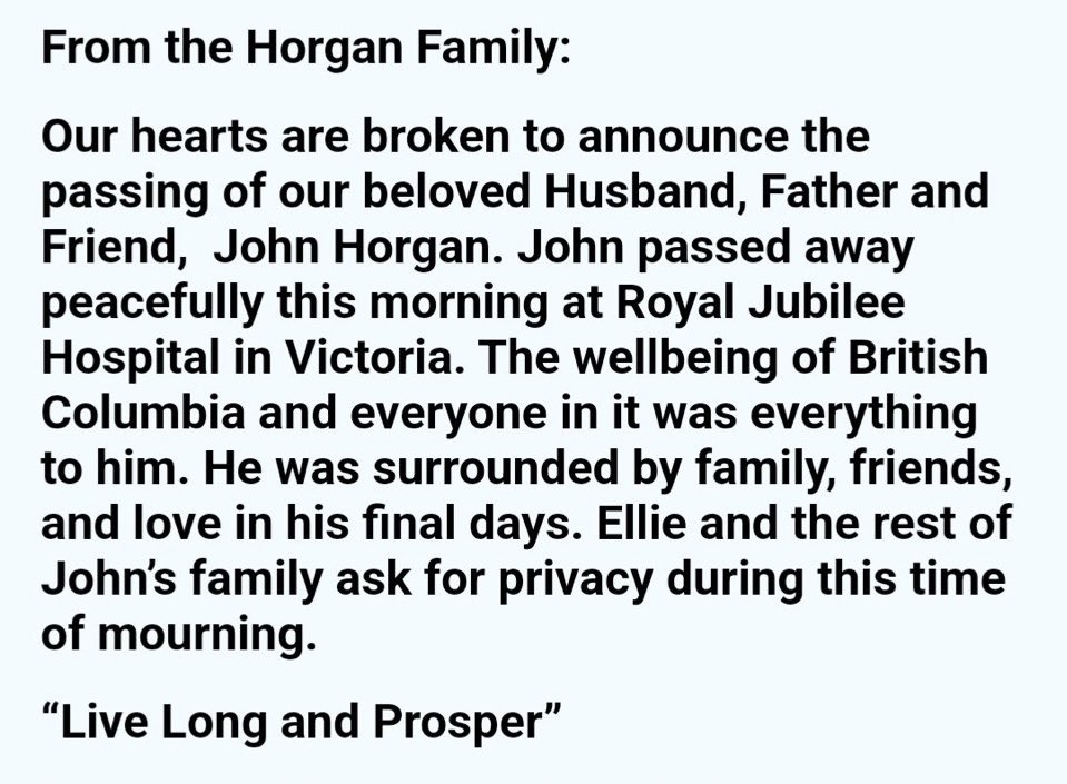 Statement from the Horgan family following the death of former Premier John Horgan. #bcpoli