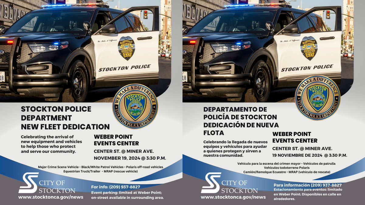 The City of Stockton and Stockton Police Department will hold a dedication ceremony for the newest police vehicles and equipment, Tue., Nov. 19 @ 3:30 p.m., Weber Point Events Center 221 N. Center St.  Please join us. For info: stocktonca.gov/PoliceFleetDed… or (209) 937-8827.