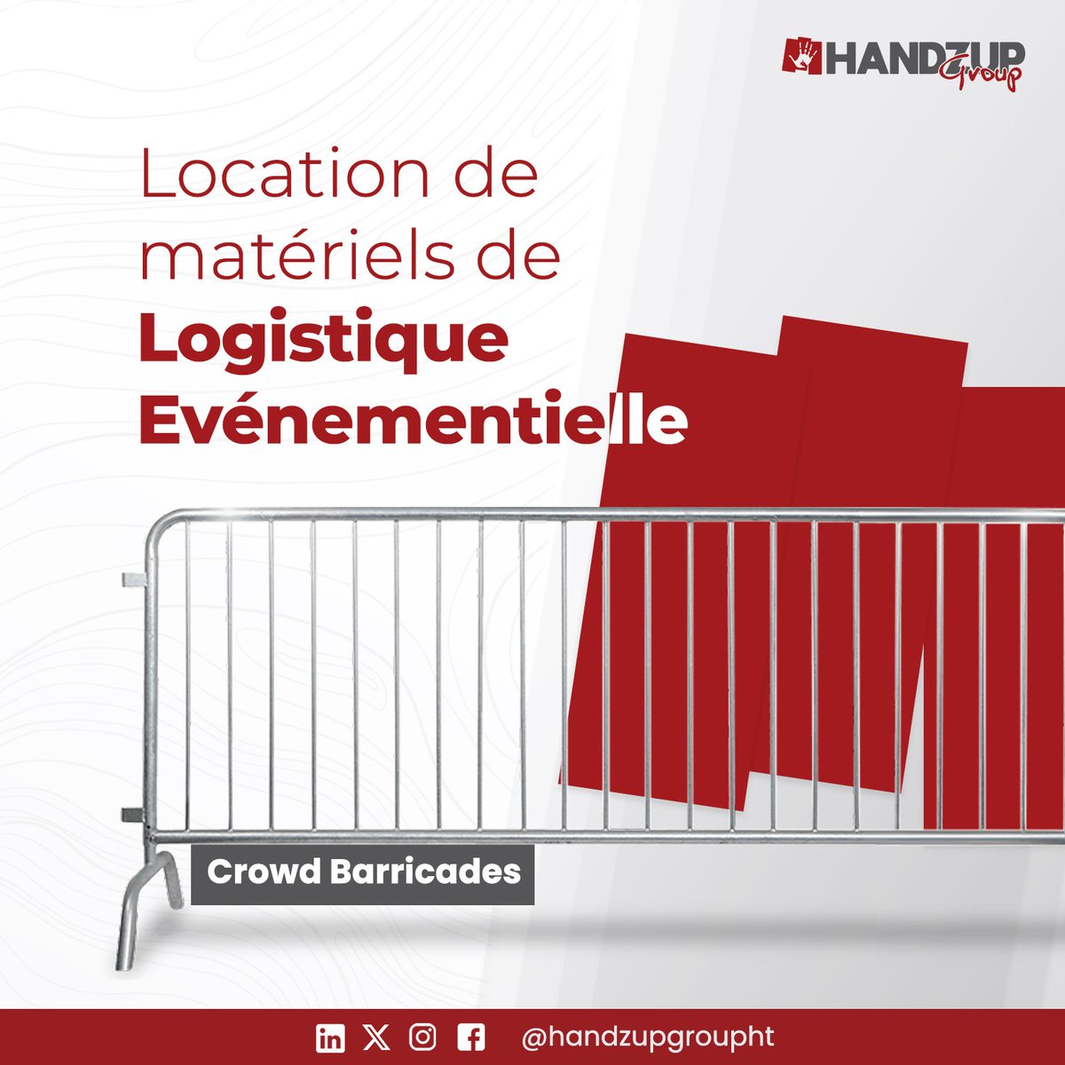 Nous avons tout ce dont vous avez besoin pour la réussite de vos activités. Nous pouvons  planifier pour vous, tout comme vous pouvez louer nos matériels.

- Barricades
- Estrades
- Pupitres

1/7

#event #corporateevent #logistics #handzupgroup