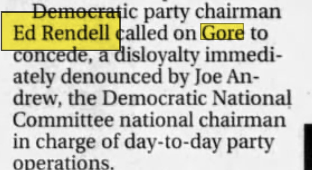 On December 13, 2000 sitting DNC party chair Ed Rendell, who 2 years later would become the governor of Pennsylvania, called on Al Gore to concede— when no viable path was left. We kind of need another Rendell in PA if Casey does not concede, a recount will cost PA taxpayers at 2