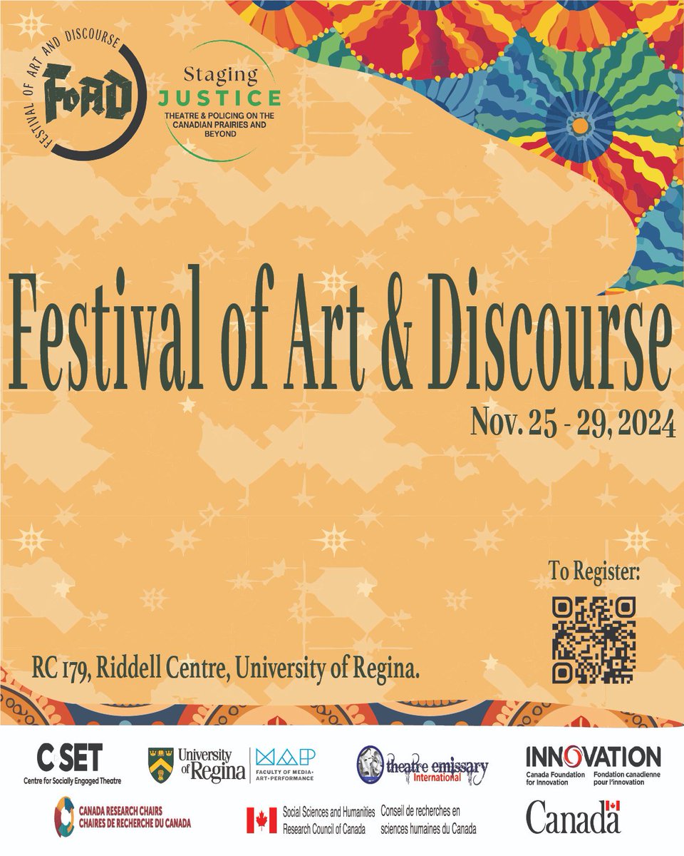 csetURegina's tweet photo. We are happy to invite you to the Festival of Arts and Discourse (FoAD). It is a week-long event to feast on the works we have done around Staging Justice, Artivism and Policing.

We have an array of speakers, exhibitions and keynotes to warm up your week. https://t.co/nlaIvcZgWS