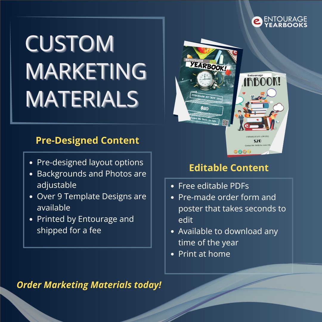 EntourageYbooks's tweet image. Entourage is here to help you with all your yearbook needs, including marketing. Order your marketing materials today on our website under services. #yearbooks #MarketingHelp
