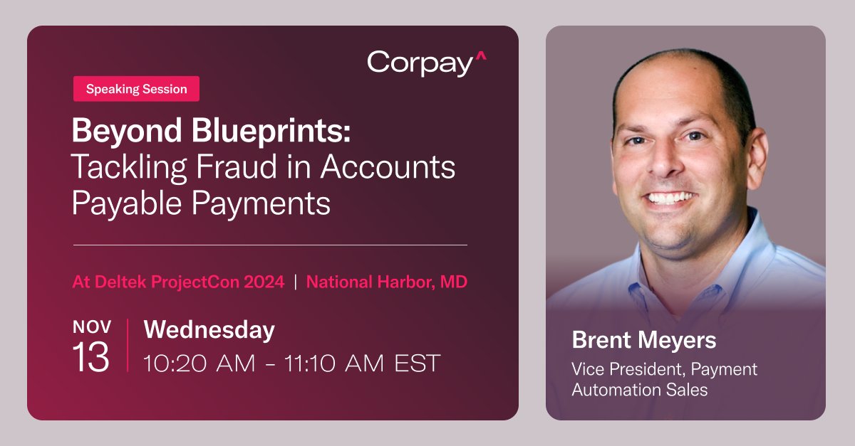 If you're at <a href="/Deltek/">Deltek</a> ProjectCon today don't miss our very own Brent Meyers delivering an expert session on tackling #fraud in accounts payable payments!

🕒 Today at 10:20 AM ET