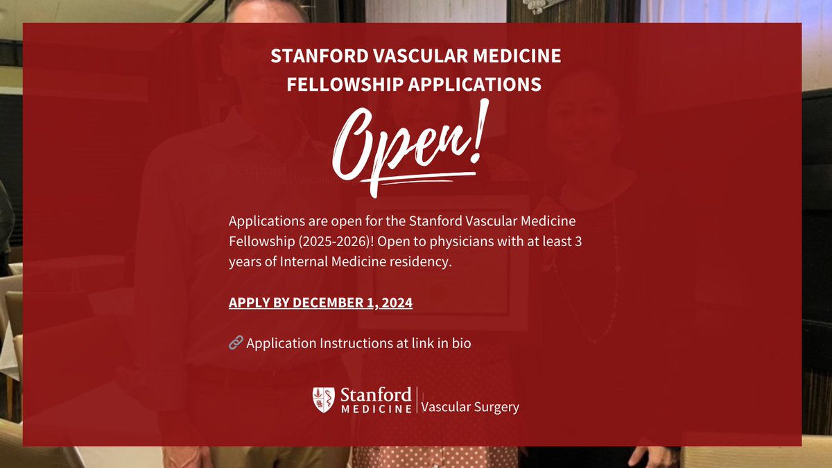 🩺 Applications are now open for the Stanford Vascular Medicine Fellowship (2025-2026)! Open to physicians with at least 3 years of Internal Medicine residency. Apply by December 1, 2024. 

🔗 Application Instructions: vascular.stanford.edu/education/vasc…