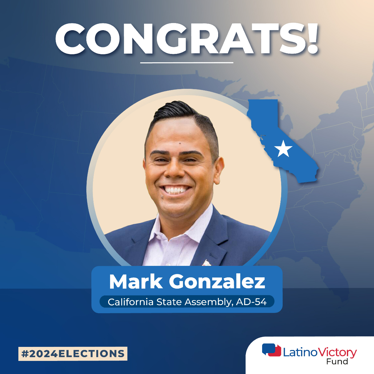 Latino Victory (@latinovictoryus) on Twitter photo We are proud to congratulate <a href="/MarkJGonzalezLA/">Mark J Gonzalez</a> on winning his seat in the California State Assembly, AD-54! His commitment to his community will drive meaningful progress in the legislature. We are proud to congratulate <a href="/MarkJGonzalezLA/">Mark J Gonzalez</a> on winning his seat in the California State Assembly, AD-54! His commitment to his community will drive meaningful progress in the legislature.