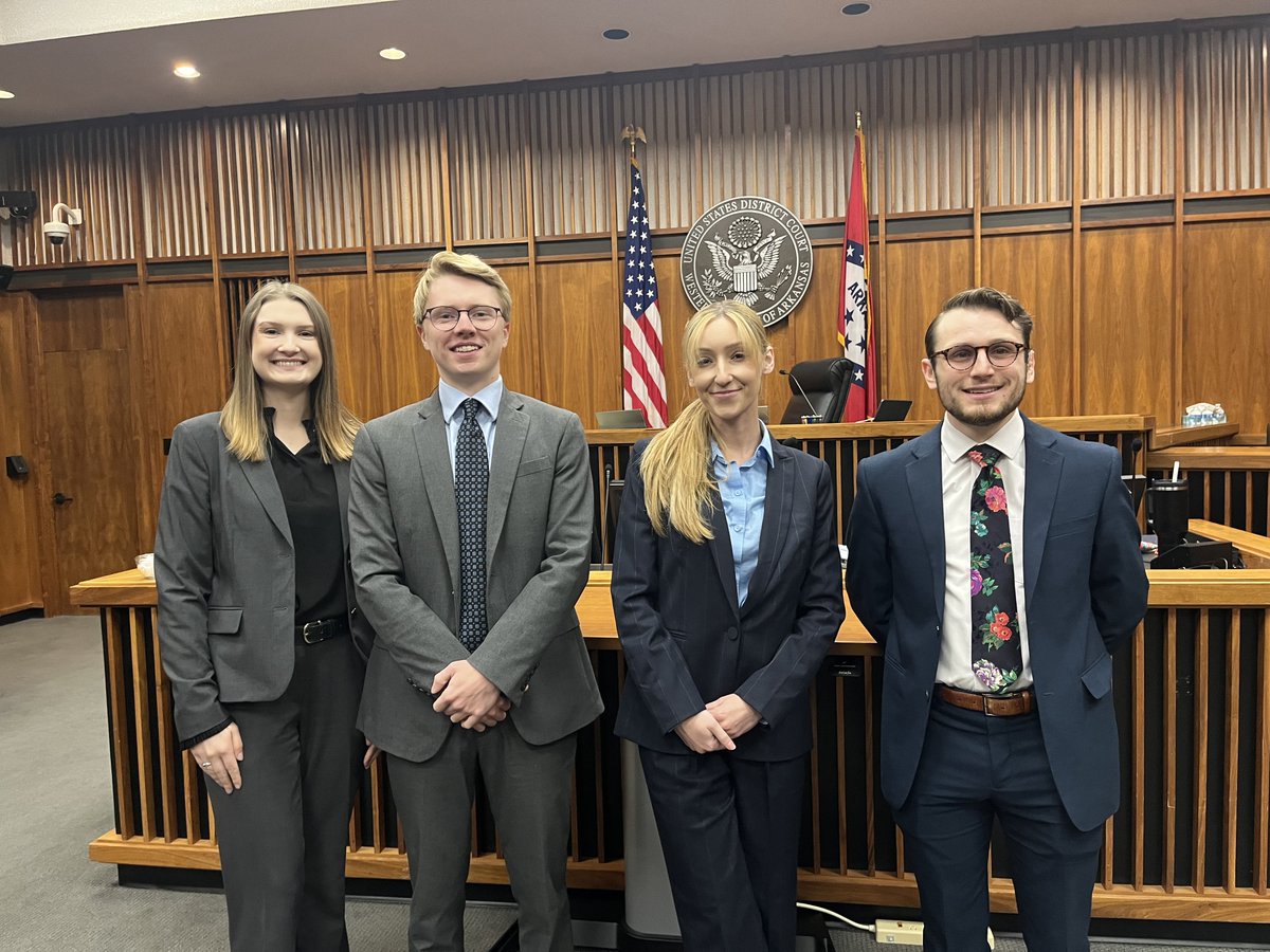 #UARKLaw Civil Litigation &amp; Advocacy Clinic students Paige Turner, Walker Smith, Leah Lovell and Cody Lightfoot appeared in U.S. District Court today on behalf of their client. Under close faculty supervision, students in the clinic handle all aspects of client representation.