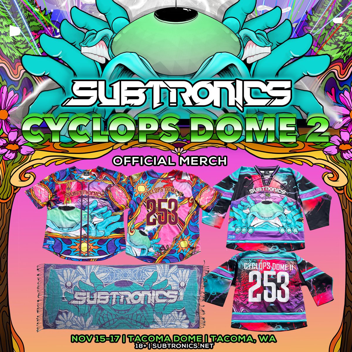 Planet_Cyclops's tweet photo. CYCLOPS DOME MERCH IS HERE AND WILL BE AVAILABLE EXCLUSIVELY AT THE TACOMA DOME

To win a signed jersey by @subtronics, tag your rave fam in the comments and share this post! You must ALREADY have a ticket to the show to win and claim at the merch booth https://t.co/q83UwjyVdW
