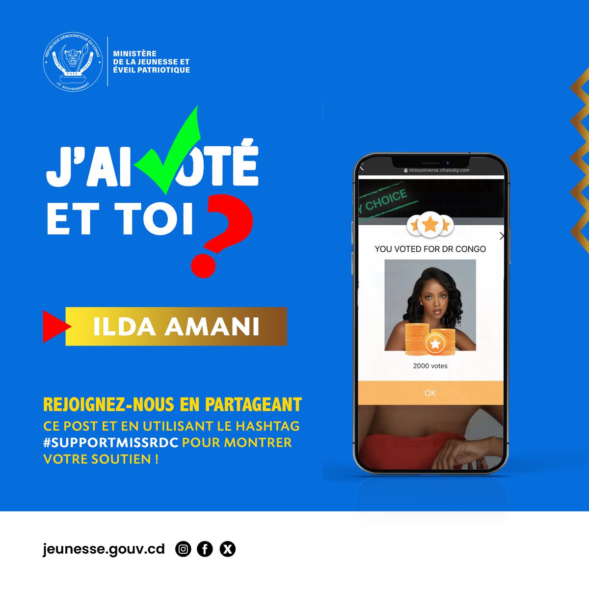 jeunesseEP_RDC's tweet photo. Le ministère de la Jeunesse et Éveil Patriotique est fier d'annoncer qu'il a déjà apporté 20.000 voix pour soutenir notre incroyable Miss Univers RDC ! 🇨🇩✨

Nous croyons en elle et en son potentiel à représenter notre belle nation sur la scène mondiale. Chaque voix compte. Ensemble, nous allons plus loin !

Et vous, avez-vous déjà voté ? Rejoignez-nous et montrons au monde entier la force de notre soutien ! 📲 #MissUniversRDC